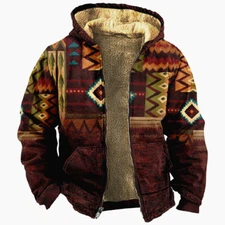 Men's Winter Fleece Lined Hoodie Sweater Bohemian Folk Zip Jacket