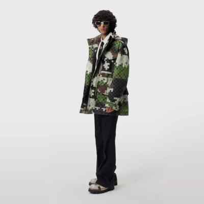LOUIS VUITTON men's runway SS2024 camo damier parka coat with hood