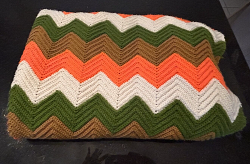 Vintage Handmade Crochet Afghan Blanket - Zig Zag Chevron - Orange Green Brown