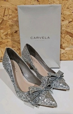 Carvela Kurt Geiger Silber Glitzer Heels mit Schleifen Größe 38 verpackt mit Quittung