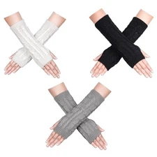 3 Pairs Knitted Arm Warmers Gloves Twisted Fingerless Black, White, Drak Gray