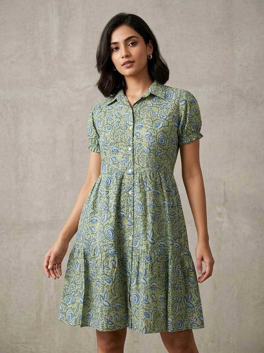 Green Floral Block Print Cotton Dress Tiered Ruffle Sleeve Casual Summer Midi
Opens in a new window