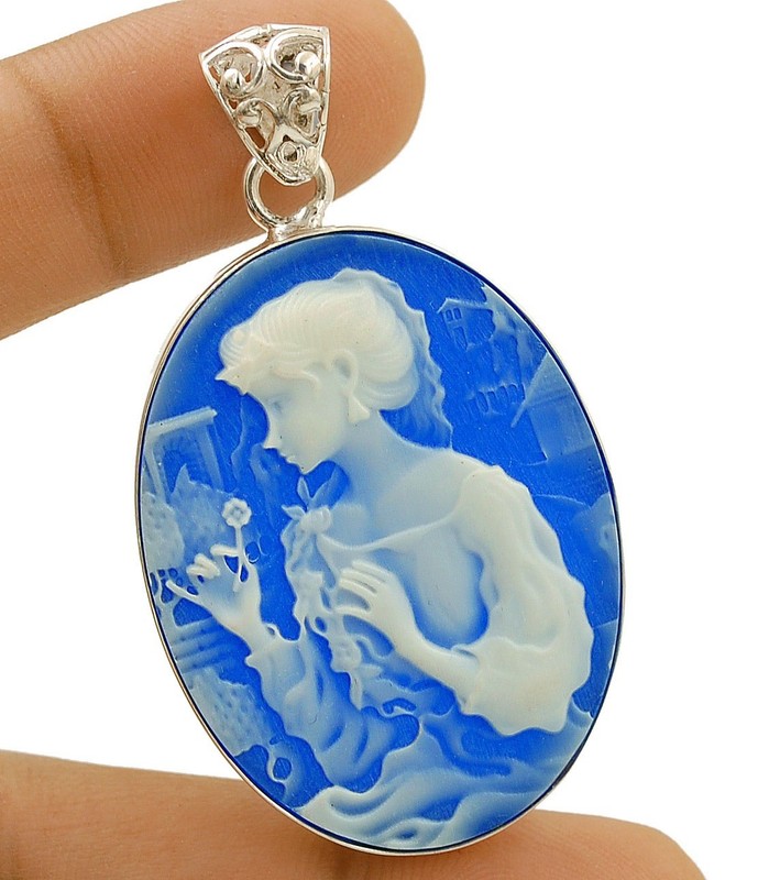 Italian Cameo Victorian Lady 925 Sterling Silver Pendant @20-7