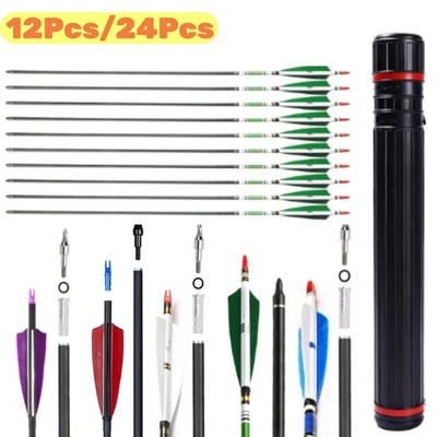 12/24pcs 30'' Carbon Archery Arrows Spine 500 Red Turkey Feather with Quiver Tube