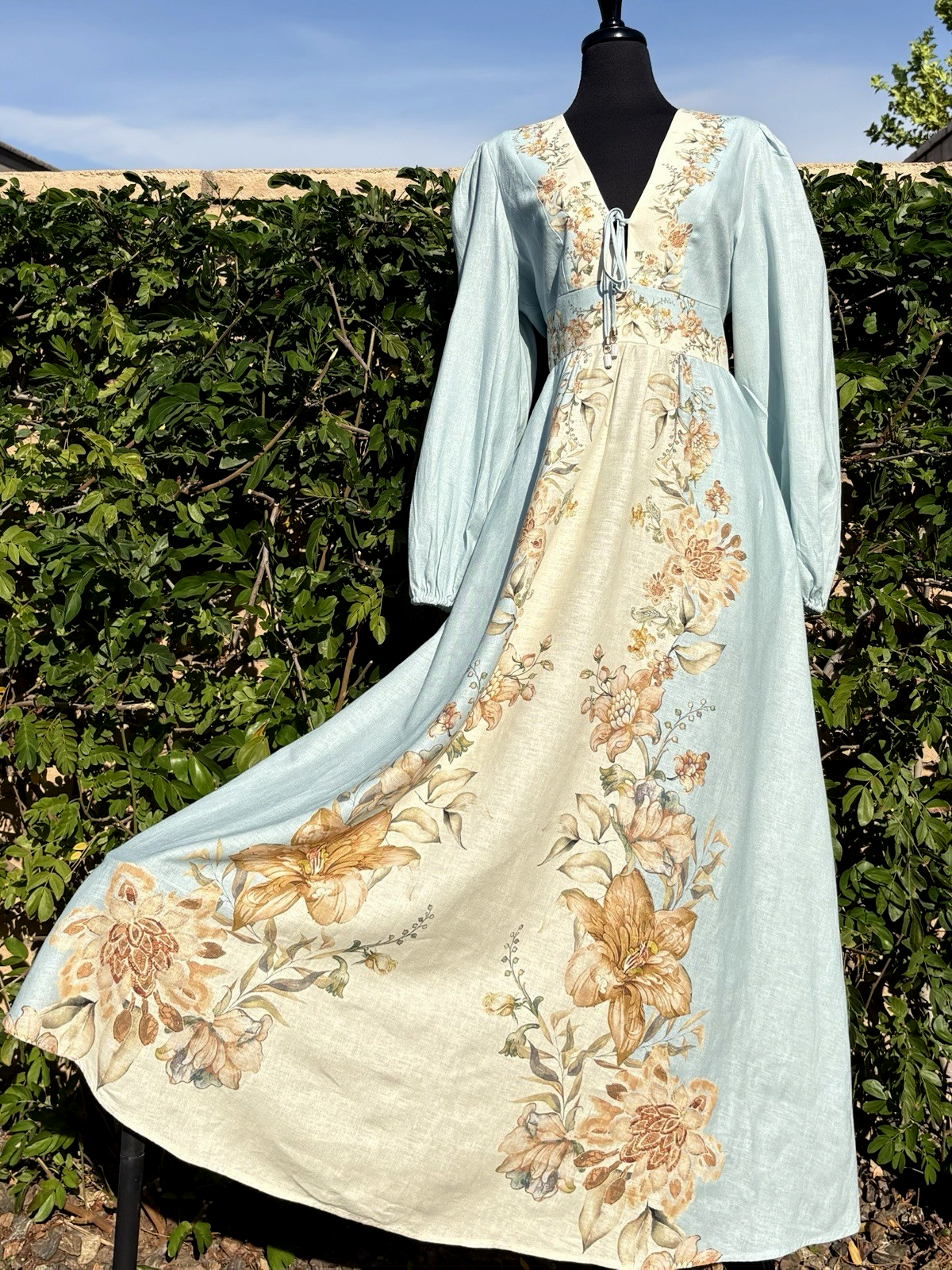 House of Harlow 1960  S blue/floral linen V neck Long puff sleev Maxi Dress-NWT
