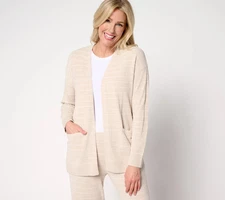 Barefoot Dreams CozyChic Ultra Lite Striped Cardigan-Stone/Pearl-2X A676153 NEW
