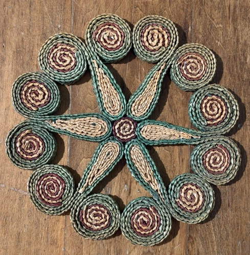 Colorful Woven Round Trivets Kitchen Raffia Hot Pads Wall Vintage Boho Set of 5 image 6