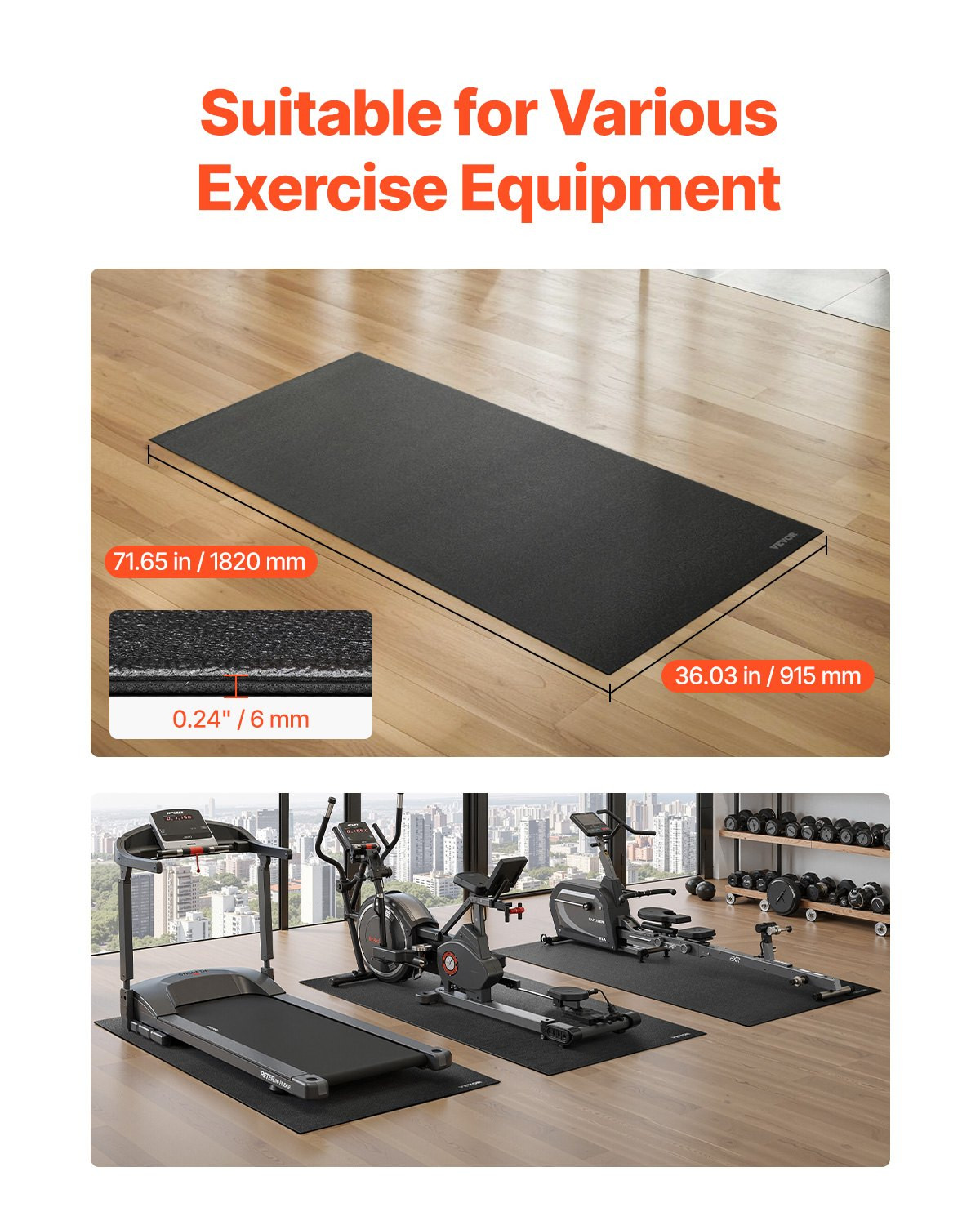 Premium Treadmill Mat for Carpet Floors - 1/4'' Thick, 36''x72'' High-Density PV