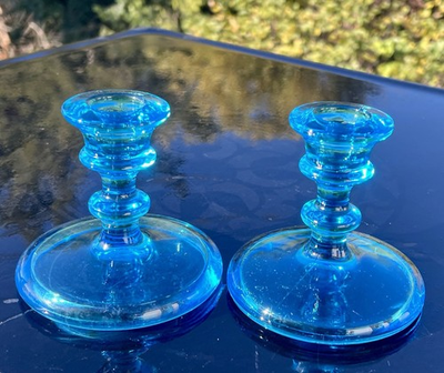 #ad Vtg MCM Electric Blue FOSTORIA 3 3 4quot; Tall Glass Candlestick Pair Candle Holders $45.95