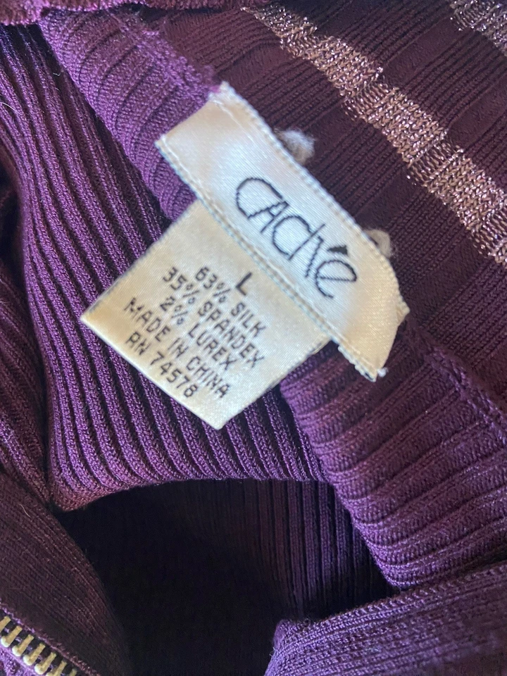 Suéter De Colección Y2K Cache Acanalado Cremallera Seda Talla L Púrpura Lurex Ajustado Indie Glam Foto 4 de 4