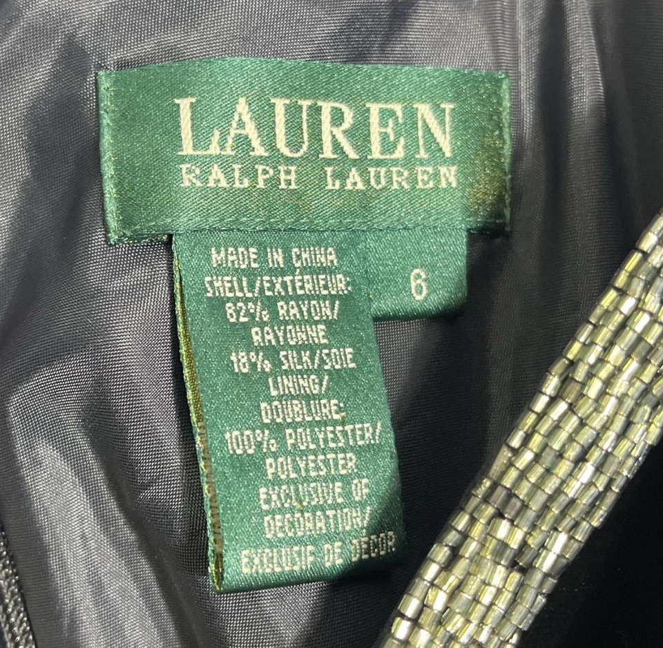 Lauren Ralph Lauren Black Velvet Beaded Cocktail Dress Midi 6 Holiday Party - Image 3 of 4