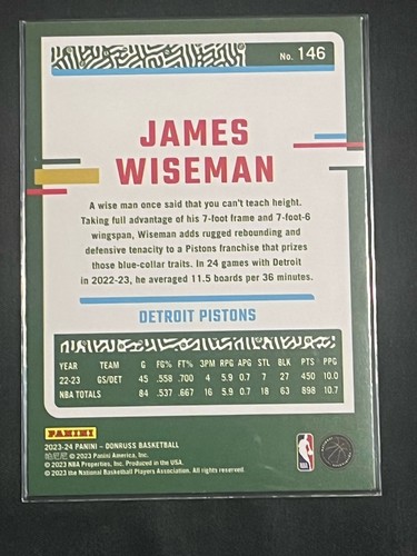 2023-24 Panini Donruss - Holo Green Laser #146 James Wiseman Pistons - Bild 2 von 2