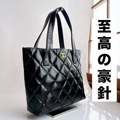 CHANEL Wild Stitch Tote Bag Black Leather Coco Mark Handbag Magnetic Snap