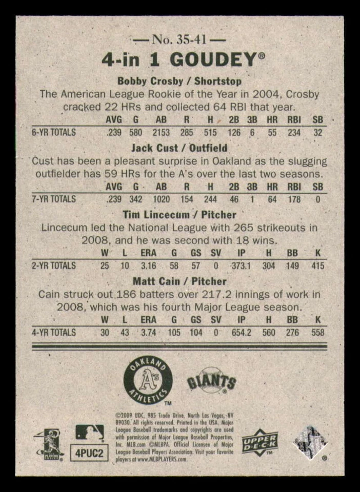 UD Goudey 2009 4 en 1 azul y verde #41 Bobby Crosby-Jack Cust-Tim Lincecum-Matt Foto 3 de 4