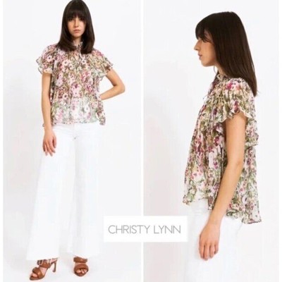 CHRISTY LYNN Sz XS Floral Pleated Jacky Blouse Top Berry Garden