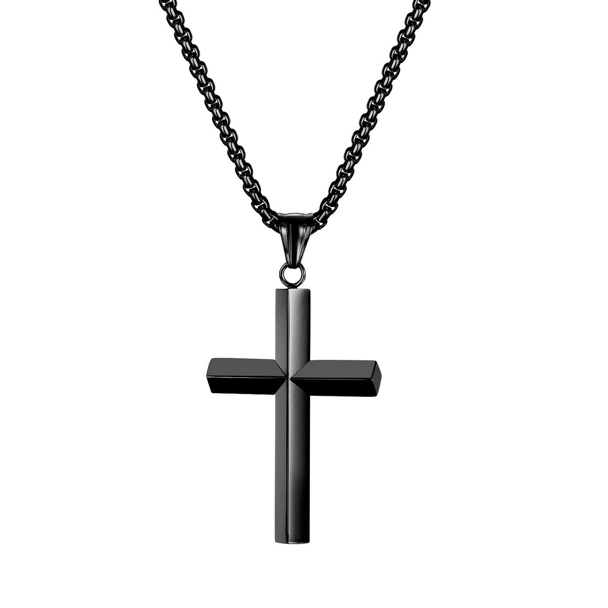 Shiny Black Cross Pendant Necklace For Mens Boy Stainless Steel