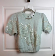 VTG Ann Katrine Lambswool Angora Short Slv Sweater Sequin Pale Mint Green M READ