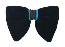 Vintage Black  Turquoise Velvet Bow Tie 1970s Oversized Large Butterfly Clip On