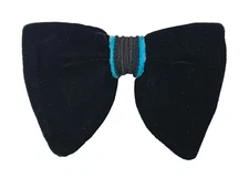 Vintage Black & Turquoise Velvet Bow Tie 1970s Oversized Large Butterfly Clip On