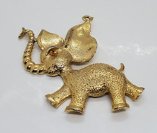 Whimsical Elephant Pendant Raised Trunk Amber Colored Rhinestone Eye 2 3/4"