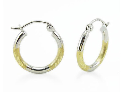 14K White Gold Hoop Earrings Yellow Gold Florentine Finish Hoops 16 x 2mm  Round