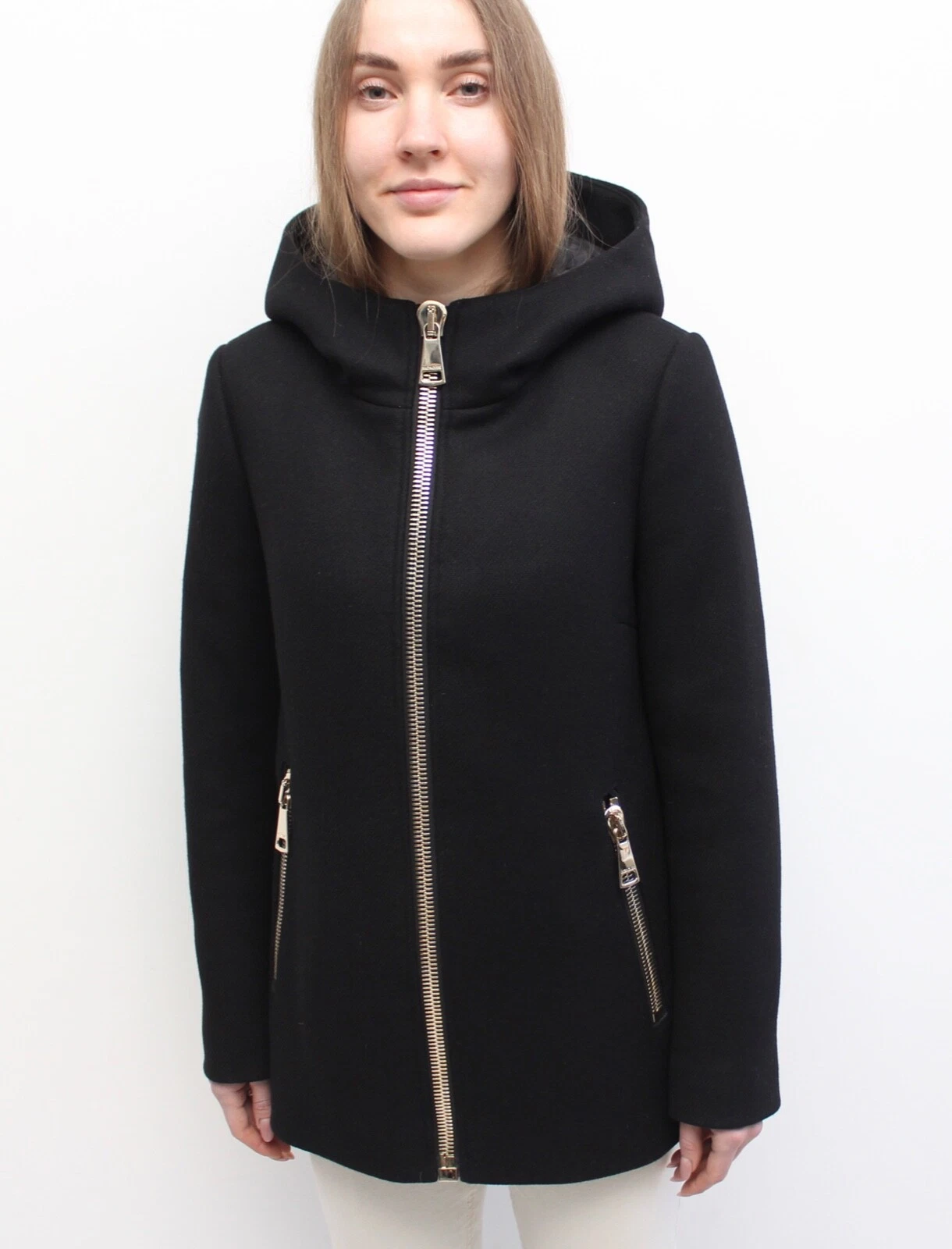 Autentico cappotto giacca piumino lana donna MONCLER Arbu con cappuccio nero 1 S