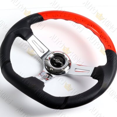 343MM 3'' DEEP DISH RED BUBBLE LEATHER CHROME 3-SPOKES STEERING WHEEL W-POWER