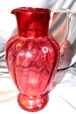 VINTAGE CRANBERRY GLASS RIBBED PITCHER WITH CLEAR HANDLE~ 9 1/8"