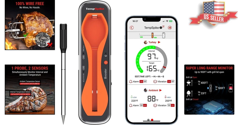 Bluetooth Meat Thermometer - 500ft Range, 1 Probe & 2 Sensors, Easy-to-Use App