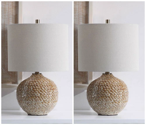 TWO LAGOS 22" RUSTIC TEXTURED CERAMIC TABLE LAMP UTTERMOST 28343 - Picture 1 of 5