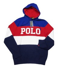 Polo Ralph Lauren Men's Red Multi Colorblock Cotton Logo Pullover Hoodie
