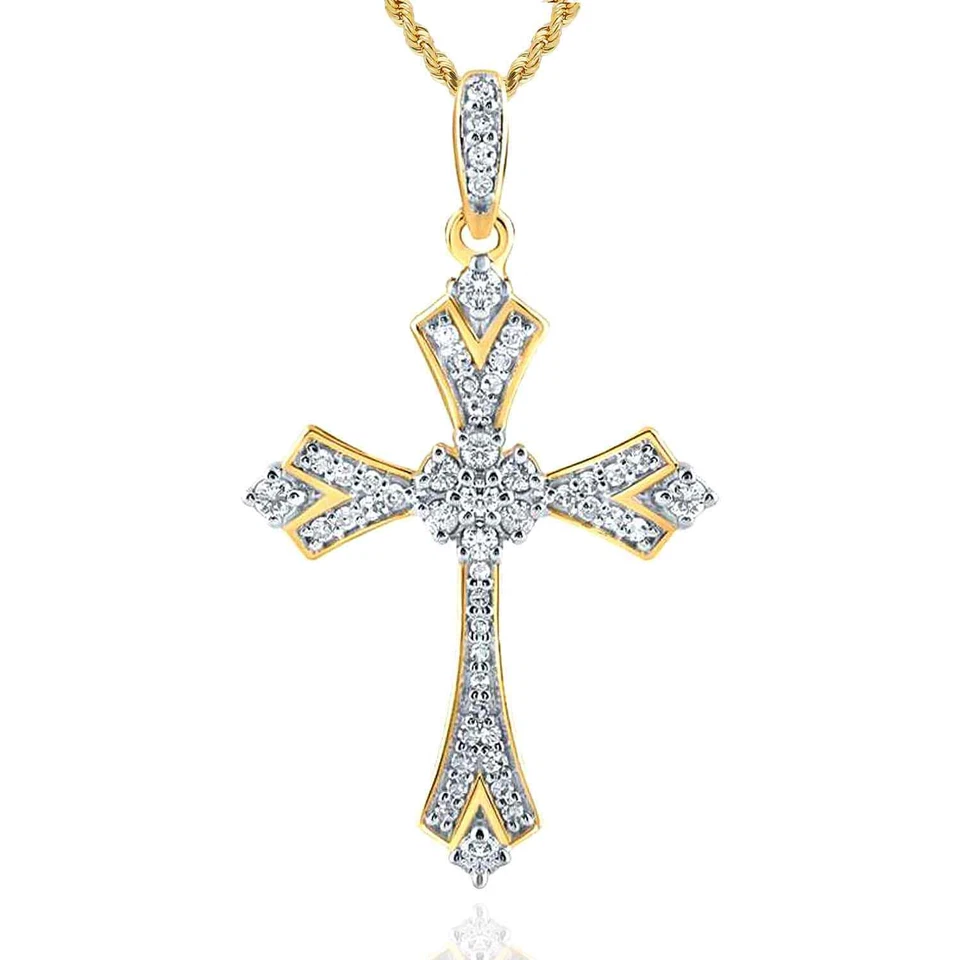 Colgante Cruz Rosa Blanca Amarilla Oro 10K Diamante Natural 0,22CTW 1,1" Foto 2 de 4