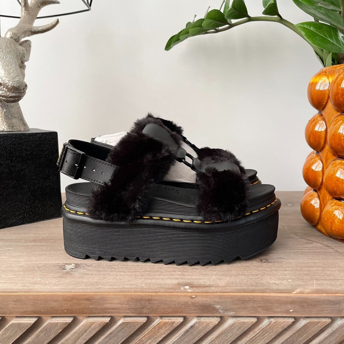 Dr MARTENS FRANCIS Platform SANDALS Fluffy Strap Leather Black UK  