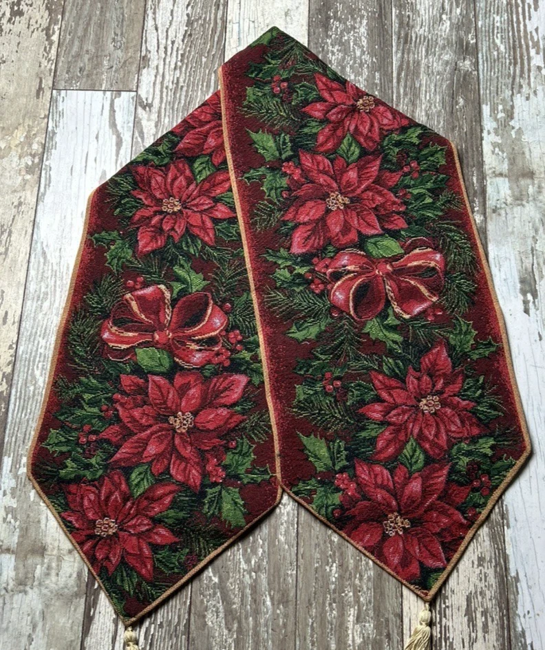 Christmas Table Runner Tapestry Tassels Poinsettias Burgandy/ Green 70" x 13" - Image 3 of 4
