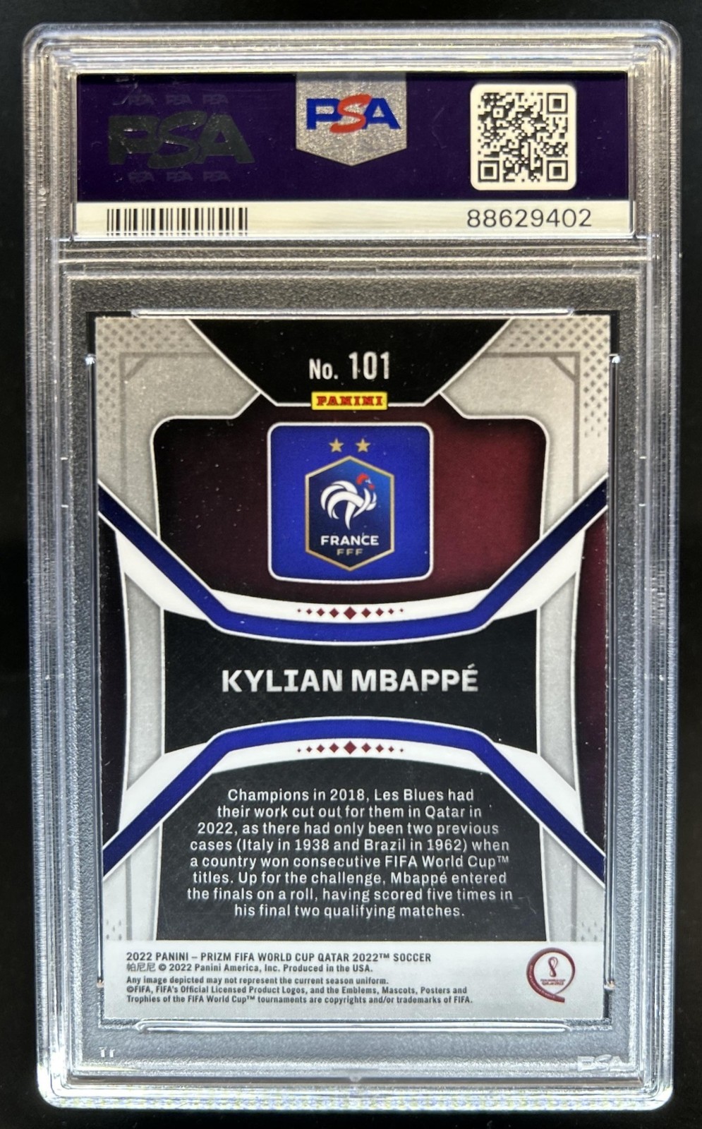 2022-23 Panini Prizm World Cup Kylian Mbappe #101 France PSA 8 view 2