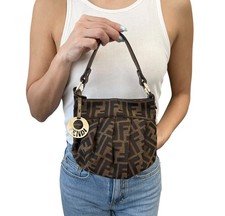 FENDI Vintage FF Logo Charm Zucca Canvas Mini Chef Hobo Tote Bag Brown Black