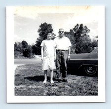 Old Vintage Square Photo MAN WOMAN COUPLE DUO BY CLASSIC CAR SNAPSHOT PICTURE
