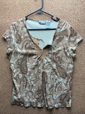 Vtg Y2k Faded Glory Brown Paisley Women's Babydoll Top Size XL Fairy Knit Boho