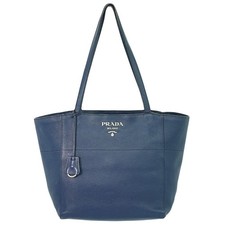PRADA Leather Shoulder Tote Bag Navy Silver