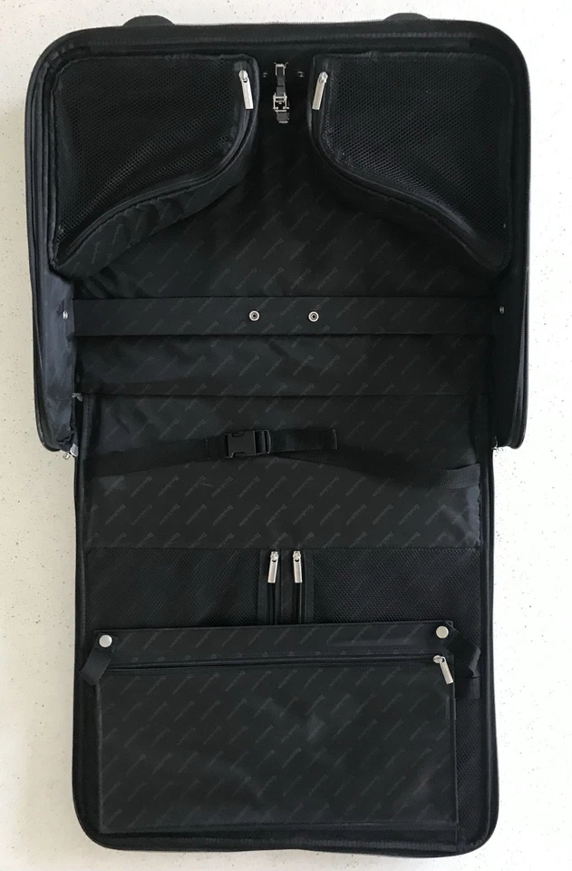 Brookstone Wheeled Black Leather Deluxe Garment Bag Bi-Fold Style 38x22x6 - Image 3 of 4