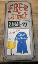 VTG Pabst Blue Ribbon Beer PBR Wooden Wood Bar Sign Free Lunch Next Door