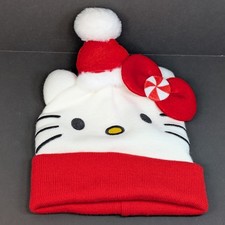 Sanrio Hello Kitty Christmas Knit Beanie Hat Cap Cuffed Santa Bow Adult NEW Tags