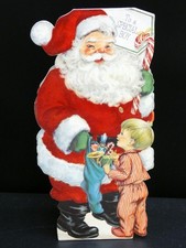 Vintage Christmas Flocked Felt Santa Claus Cardboard Display Centerpiece Card