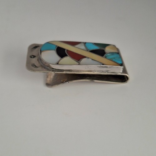 Zuni Silver Inlay Money Clip Fish Scale Design Sterling Turquoise Coral Jet - Picture 5 of 15