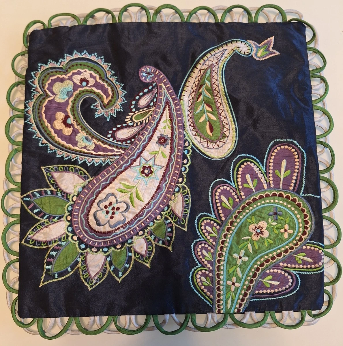 PIER 1 Navy Blue Green Embroidered Paisley Fleur di Lis Pillow