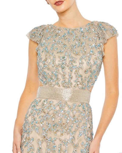 Mac Duggal 5689 Embellished Cut Out Lace Up Cap Sleeve Gown Sz 10 Nude $598 - Picture 3 of 21
