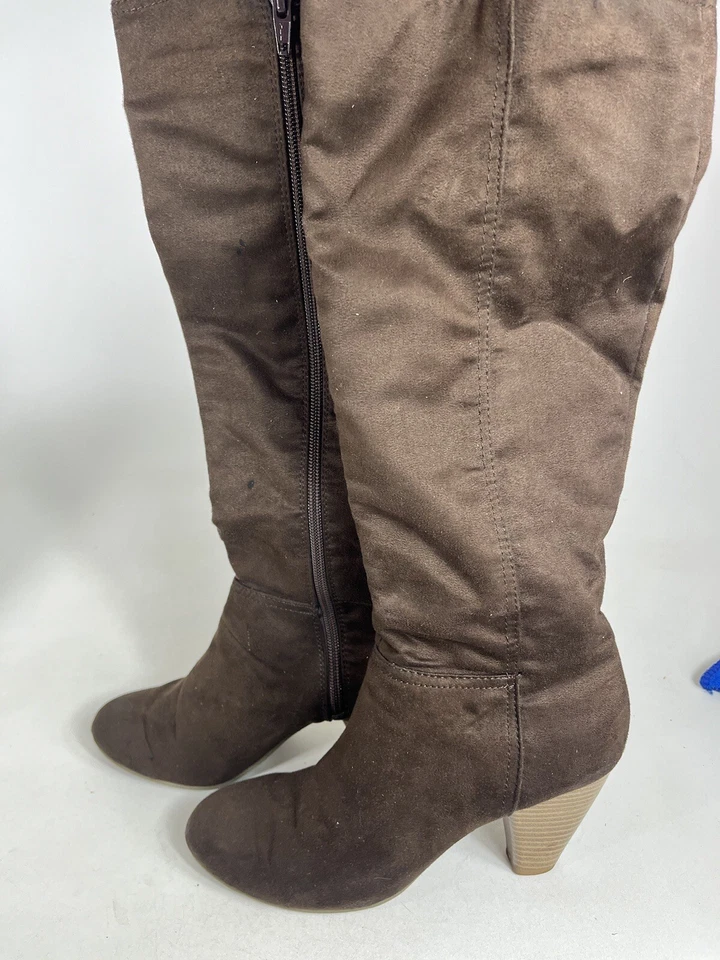 Old Navy Jas 11 Womens Suede Knee High Sloughy Wedge Boots Size 8 Textile Brown - Image 4 of 4