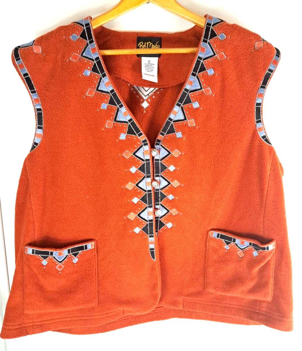 Womens Bob Mackie Fleece Vest Southwest Aztec Print Dark Orange Western 1X