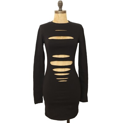 EDIKTED Nordstrom Slashed Mini Bodycon Dress XS Long Sleeve Sexy Black NWT B37