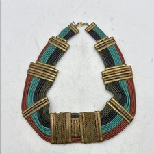 Vtg 70s Tribal Choker Collar Necklace Alexis Kirk Leather Copper Blue Egyptian